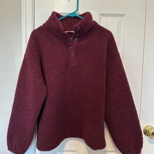 LOFT Plush Button-Front Turtleneck Sweater - Wine